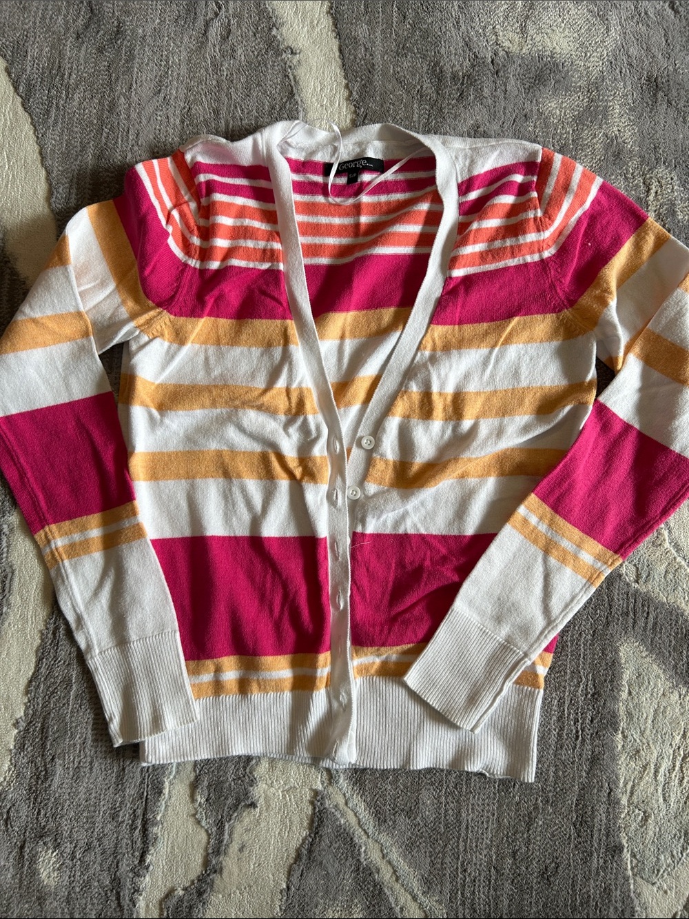 George Women's White, Pink & Orange Striped V-Neck Button Cardigan Size Small